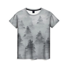 Женская футболка 3D с принтом Туманный лес в Санкт-Петербурге, 100% полиэфир ( синтетическое хлопкоподобное полотно) | прямой крой, круглый вырез горловины, длина до линии бедер | бор | вечер | деревья | елка | еловый | ель | загадочный | земля | зима | лес | мрачный | необычный | природа | серый | сибирь | снег | тайга | туман | хвойный
