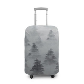 Чехол для чемодана 3D с принтом Туманный лес в Санкт-Петербурге, 86% полиэфир, 14% спандекс | двустороннее нанесение принта, прорези для ручек и колес | бор | вечер | деревья | елка | еловый | ель | загадочный | земля | зима | лес | мрачный | необычный | природа | серый | сибирь | снег | тайга | туман | хвойный