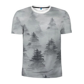 Мужская футболка 3D спортивная с принтом Туманный лес в Санкт-Петербурге, 100% полиэстер с улучшенными характеристиками | приталенный силуэт, круглая горловина, широкие плечи, сужается к линии бедра | бор | вечер | деревья | елка | еловый | ель | загадочный | земля | зима | лес | мрачный | необычный | природа | серый | сибирь | снег | тайга | туман | хвойный