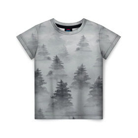 Детская футболка 3D с принтом Туманный лес в Санкт-Петербурге, 100% гипоаллергенный полиэфир | прямой крой, круглый вырез горловины, длина до линии бедер, чуть спущенное плечо, ткань немного тянется | бор | вечер | деревья | елка | еловый | ель | загадочный | земля | зима | лес | мрачный | необычный | природа | серый | сибирь | снег | тайга | туман | хвойный