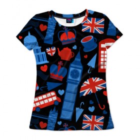 Женская футболка 3D с принтом Великобритания в Санкт-Петербурге, 100% полиэфир ( синтетическое хлопкоподобное полотно) | прямой крой, круглый вырез горловины, длина до линии бедер | красный | лондон | паттерн | черный