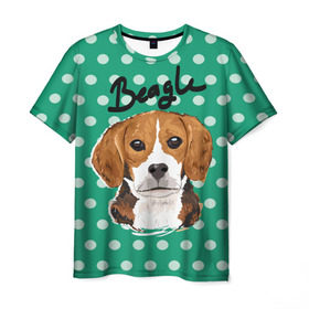Мужская футболка 3D с принтом Бигль в Санкт-Петербурге, 100% полиэфир | прямой крой, круглый вырез горловины, длина до линии бедер | beagle | арт | гончая | горошек | животное | кружочек | пес | собака | текстура