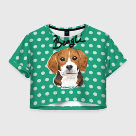 Женская футболка 3D укороченная с принтом Бигль в Санкт-Петербурге, 100% полиэстер | круглая горловина, длина футболки до линии талии, рукава с отворотами | beagle | арт | гончая | горошек | животное | кружочек | пес | собака | текстура