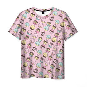 Мужская футболка 3D с принтом Каваи Кексики в Санкт-Петербурге, 100% полиэфир | прямой крой, круглый вырез горловины, длина до линии бедер | аниме | вкусняшка | детский | еда | капкейки | лапуля | милота | милый | мимими | няша | розовый