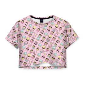 Женская футболка 3D укороченная с принтом Каваи Кексики в Санкт-Петербурге, 100% полиэстер | круглая горловина, длина футболки до линии талии, рукава с отворотами | аниме | вкусняшка | детский | еда | капкейки | лапуля | милота | милый | мимими | няша | розовый
