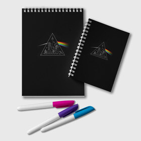 Блокнот с принтом Pink Floyd Make Rainbow в Санкт-Петербурге, 100% бумага | 48 листов, плотность листов — 60 г/м2, плотность картонной обложки — 250 г/м2. Листы скреплены удобной пружинной спиралью. Цвет линий — светло-серый
 | Тематика изображения на принте: англия | басы | британия | гитара | группа | логотип | музыка | песни | пинк флойд | призма | радуга | рок | свет