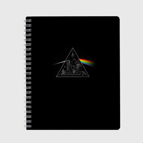 Тетрадь с принтом Pink Floyd Make Rainbow в Санкт-Петербурге, 100% бумага | 48 листов, плотность листов — 60 г/м2, плотность картонной обложки — 250 г/м2. Листы скреплены сбоку удобной пружинной спиралью. Уголки страниц и обложки скругленные. Цвет линий — светло-серый
 | Тематика изображения на принте: англия | басы | британия | гитара | группа | логотип | музыка | песни | пинк флойд | призма | радуга | рок | свет