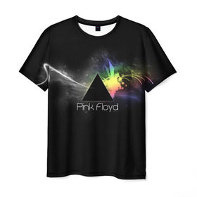 Мужская футболка 3D с принтом Pink Floyd Logo в Санкт-Петербурге, 100% полиэфир | прямой крой, круглый вырез горловины, длина до линии бедер | Тематика изображения на принте: англия | басы | британия | гитара | группа | дым | космос | логотип | музыка | песни | пинк флойд | призма | радуга | рок | свет