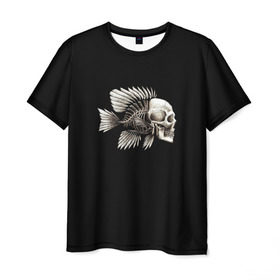 Мужская футболка 3D с принтом Рыба Скелет в Санкт-Петербурге, 100% полиэфир | прямой крой, круглый вырез горловины, длина до линии бедер | анатомия | кости | море | плавники | принт | рисунок | рыбный | рыбы | тату | ужас | хвост | череп | черный | чешуя