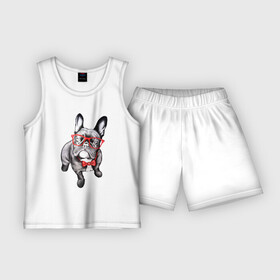 Детская пижама с шортами хлопок с принтом Бульдог в Санкт-Петербурге,  |  | bulldog | dog | бабочка | бульдог в очках | в очках | дог | очки | собака