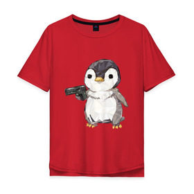 Мужская футболка хлопок Oversize с принтом Пингвин с пистолетом в Санкт-Петербурге, 100% хлопок | свободный крой, круглый ворот, “спинка” длиннее передней части | 