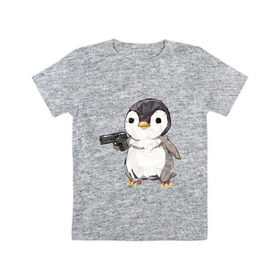 Детская футболка хлопок с принтом Пингвин с пистолетом в Санкт-Петербурге, 100% хлопок | круглый вырез горловины, полуприлегающий силуэт, длина до линии бедер | 