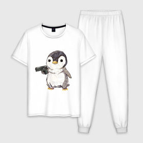 Мужская пижама хлопок с принтом Пингвин с пистолетом в Санкт-Петербурге, 100% хлопок | брюки и футболка прямого кроя, без карманов, на брюках мягкая резинка на поясе и по низу штанин
 | 