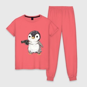 Женская пижама хлопок с принтом Пингвин с пистолетом в Санкт-Петербурге, 100% хлопок | брюки и футболка прямого кроя, без карманов, на брюках мягкая резинка на поясе и по низу штанин | 
