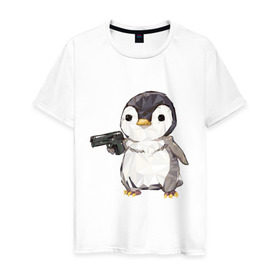 Мужская футболка хлопок с принтом Пингвин с пистолетом в Санкт-Петербурге, 100% хлопок | прямой крой, круглый вырез горловины, длина до линии бедер, слегка спущенное плечо. | 