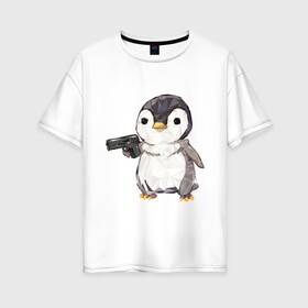 Женская футболка хлопок Oversize с принтом Пингвин с пистолетом в Санкт-Петербурге, 100% хлопок | свободный крой, круглый ворот, спущенный рукав, длина до линии бедер
 | 