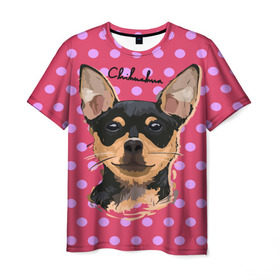 Мужская футболка 3D с принтом Чихуахуа в Санкт-Петербурге, 100% полиэфир | прямой крой, круглый вырез горловины, длина до линии бедер | chihuahua | dog | арт | горошек | животное | кружочек | розовый | собака | текстура | чихуахуа