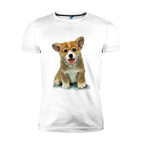 Мужская футболка премиум с принтом Коржик в Санкт-Петербурге, 92% хлопок, 8% лайкра | приталенный силуэт, круглый вырез ворота, длина до линии бедра, короткий рукав | corgi | dog | korgi | вельш корги | дог | кардиган | корги | пемброк | собака | щенок