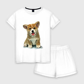 Женская пижама с шортиками хлопок с принтом Коржик в Санкт-Петербурге, 100% хлопок | футболка прямого кроя, шорты свободные с широкой мягкой резинкой | corgi | dog | korgi | вельш корги | дог | кардиган | корги | пемброк | собака | щенок