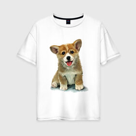 Женская футболка хлопок Oversize с принтом Коржик в Санкт-Петербурге, 100% хлопок | свободный крой, круглый ворот, спущенный рукав, длина до линии бедер
 | corgi | dog | korgi | вельш корги | дог | кардиган | корги | пемброк | собака | щенок