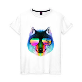 Женская футболка хлопок с принтом Радужный волк в Санкт-Петербурге, 100% хлопок | прямой крой, круглый вырез горловины, длина до линии бедер, слегка спущенное плечо | волк | галюцинация | иллюзия | море | океан | остров | очки | пальма | пляж | радуга