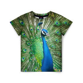 Детская футболка 3D с принтом Павлин в Санкт-Петербурге, 100% гипоаллергенный полиэфир | прямой крой, круглый вырез горловины, длина до линии бедер, чуть спущенное плечо, ткань немного тянется | павлин | перо