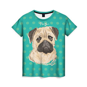 Женская футболка 3D с принтом Мопсик в Санкт-Петербурге, 100% полиэфир ( синтетическое хлопкоподобное полотно) | прямой крой, круглый вырез горловины, длина до линии бедер | dog | pug | арт | животное | кружочки | мопс | пес | собака | текстура