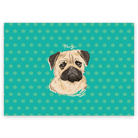 Поздравительная открытка с принтом Мопсик в Санкт-Петербурге, 100% бумага | плотность бумаги 280 г/м2, матовая, на обратной стороне линовка и место для марки
 | dog | pug | арт | животное | кружочки | мопс | пес | собака | текстура