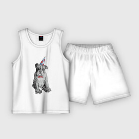 Детская пижама с шортами хлопок с принтом праздничный бульдог в Санкт-Петербурге,  |  | dog | happy | бабочка | бульдог | день рождение | дог | собака