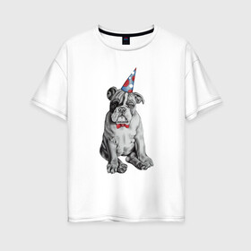 Женская футболка хлопок Oversize с принтом праздничный бульдог в Санкт-Петербурге, 100% хлопок | свободный крой, круглый ворот, спущенный рукав, длина до линии бедер
 | dog | happy | бабочка | бульдог | день рождение | дог | собака