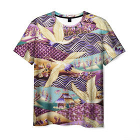 Мужская футболка 3D с принтом Японские журавли в Санкт-Петербурге, 100% полиэфир | прямой крой, круглый вырез горловины, длина до линии бедер | Тематика изображения на принте: журавли | птица | япония