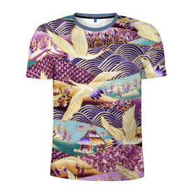 Мужская футболка 3D спортивная с принтом Японские журавли в Санкт-Петербурге, 100% полиэстер с улучшенными характеристиками | приталенный силуэт, круглая горловина, широкие плечи, сужается к линии бедра | Тематика изображения на принте: журавли | птица | япония