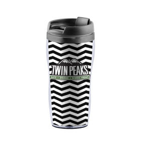 Термокружка-непроливайка с принтом TWIN PEAKS в Санкт-Петербурге, внутренняя часть — пищевой пластик, наружная часть — прозрачный пластик, между ними — полиграфическая вставка с рисунком | объем — 350 мл, герметичная крышка | Тематика изображения на принте: полосы | сериал | твин пикс | текстура | фильмы