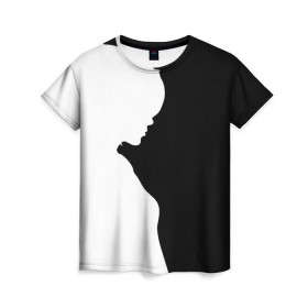 Женская футболка 3D с принтом Силуэт девушки в Санкт-Петербурге, 100% полиэфир ( синтетическое хлопкоподобное полотно) | прямой крой, круглый вырез горловины, длина до линии бедер | белое | женщина | чб | черное