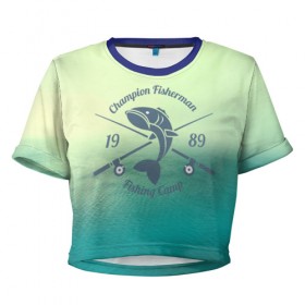 Женская футболка 3D укороченная с принтом Champion Fisherman в Санкт-Петербурге, 100% полиэстер | круглая горловина, длина футболки до линии талии, рукава с отворотами | baitbest | bottom | driftwood | fisherman | fishing | fishwaterhook | pike | river | вода | дно | коряга | крючок | лучший рыбак | наживка | река | рыба | рыбалка | щука