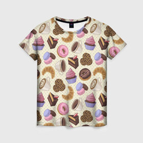 Женская футболка 3D с принтом Радости и сладости 2 в Санкт-Петербурге, 100% полиэфир ( синтетическое хлопкоподобное полотно) | прямой крой, круглый вырез горловины, длина до линии бедер | глазурь | завтрак | кекс | кофе | крем | круасан | макарон | настроение | паттерн | печенье | пончик | радости | сладости | торт