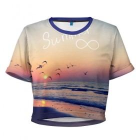 Женская футболка 3D укороченная с принтом Summer в Санкт-Петербурге, 100% полиэстер | круглая горловина, длина футболки до линии талии, рукава с отворотами | summer | закат | лето | пляж