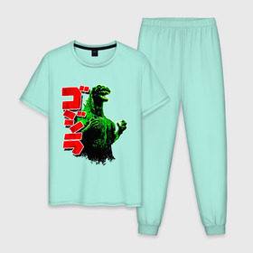 Мужская пижама хлопок с принтом Godzilla в Санкт-Петербурге, 100% хлопок | брюки и футболка прямого кроя, без карманов, на брюках мягкая резинка на поясе и по низу штанин
 | Тематика изображения на принте: годзилла