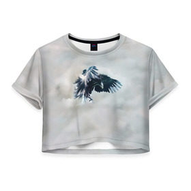 Женская футболка 3D укороченная с принтом Орлиная атака в Санкт-Петербурге, 100% полиэстер | круглая горловина, длина футболки до линии талии, рукава с отворотами | клюв | коршун | крылья | небо | облака | опасность | орел | охота | полет. перья | птица | хищник
