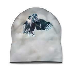 Шапка 3D с принтом Орлиная атака в Санкт-Петербурге, 100% полиэстер | универсальный размер, печать по всей поверхности изделия | клюв | коршун | крылья | небо | облака | опасность | орел | охота | полет. перья | птица | хищник