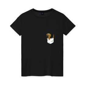 Женская футболка хлопок с принтом Дракончик в кармашке в Санкт-Петербурге, 100% хлопок | прямой крой, круглый вырез горловины, длина до линии бедер, слегка спущенное плечо | дино | динозавр | карман | ящерица | ящерка