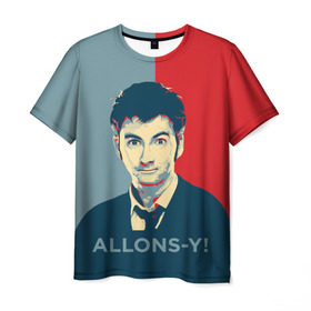 Мужская футболка 3D с принтом ALLONS-Y! в Санкт-Петербурге, 100% полиэфир | прямой крой, круглый вырез горловины, длина до линии бедер | арт | десятый доктор | доктор кто | надпись | сериал | тардис | фильмы
