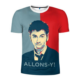 Мужская футболка 3D спортивная с принтом ALLONS-Y! в Санкт-Петербурге, 100% полиэстер с улучшенными характеристиками | приталенный силуэт, круглая горловина, широкие плечи, сужается к линии бедра | арт | десятый доктор | доктор кто | надпись | сериал | тардис | фильмы