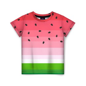 Детская футболка 3D с принтом Арбузик в Санкт-Петербурге, 100% гипоаллергенный полиэфир | прямой крой, круглый вырез горловины, длина до линии бедер, чуть спущенное плечо, ткань немного тянется | pattern | trend | арбуз | зеленый | косточки | красный | мода | патерн | паттерн | розовый | текстура | тренд | фрукт | ягода