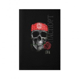 Обложка для паспорта матовая кожа с принтом Череп с розой в Санкт-Петербурге, натуральная матовая кожа | размер 19,3 х 13,7 см; прозрачные пластиковые крепления | пираты | повязка | роза | романтика | скелет | череп