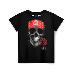 Детская футболка 3D с принтом Череп с розой в Санкт-Петербурге, 100% гипоаллергенный полиэфир | прямой крой, круглый вырез горловины, длина до линии бедер, чуть спущенное плечо, ткань немного тянется | пираты | повязка | роза | романтика | скелет | череп
