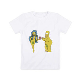 Детская футболка хлопок с принтом Симпсоны в Санкт-Петербурге, 100% хлопок | круглый вырез горловины, полуприлегающий силуэт, длина до линии бедер | bart | homer | love | simpsons | адам | барт | гомер | ева | любовь | мульт | мультфильм | пончик | симпсоны