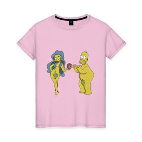 Женская футболка хлопок с принтом Симпсоны в Санкт-Петербурге, 100% хлопок | прямой крой, круглый вырез горловины, длина до линии бедер, слегка спущенное плечо | bart | homer | love | simpsons | адам | барт | гомер | ева | любовь | мульт | мультфильм | пончик | симпсоны
