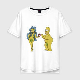 Мужская футболка хлопок Oversize с принтом Симпсоны в Санкт-Петербурге, 100% хлопок | свободный крой, круглый ворот, “спинка” длиннее передней части | bart | homer | love | simpsons | адам | барт | гомер | ева | любовь | мульт | мультфильм | пончик | симпсоны