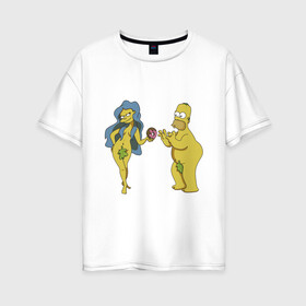 Женская футболка хлопок Oversize с принтом Симпсоны в Санкт-Петербурге, 100% хлопок | свободный крой, круглый ворот, спущенный рукав, длина до линии бедер
 | bart | homer | love | simpsons | адам | барт | гомер | ева | любовь | мульт | мультфильм | пончик | симпсоны